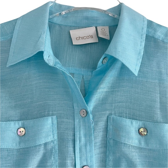 CHICO'S Aqua Semi Sheer Button Up Blouse Chico's Size 0 or (US 4) - Picture 2 of 6